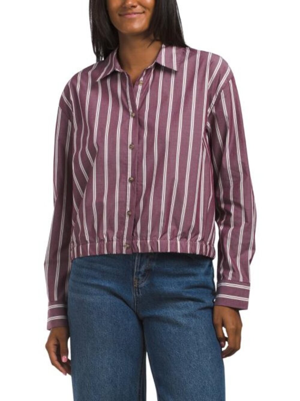 JANE & DELANCEY Cotton Wide Road Striped Cropped Long Sleeve Shirt - Picture 1 of 4